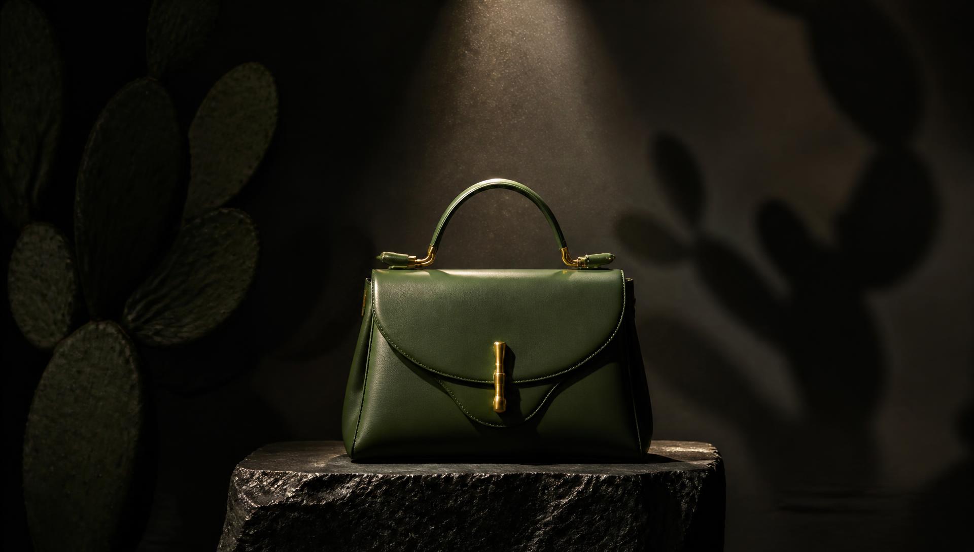 The BATWA Émeraude handbag on a stone pedestal beneath a single spotlight